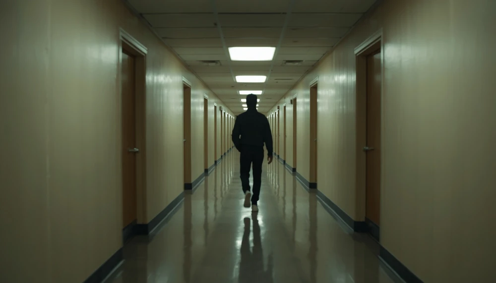 Person walking through a repetitive hallway, symbolizing autopilot life.