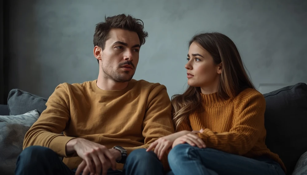 Couple sitting together but emotionally disconnected and avoiding eye contact