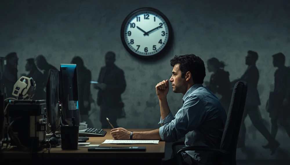 Tired office worker staring at a clock while repeating the same daily routine