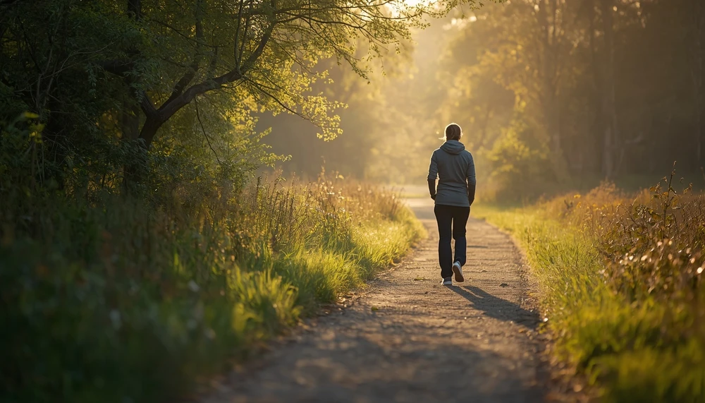 A person walking alone on a peaceful nature path, representing small steps toward finding direction in life.