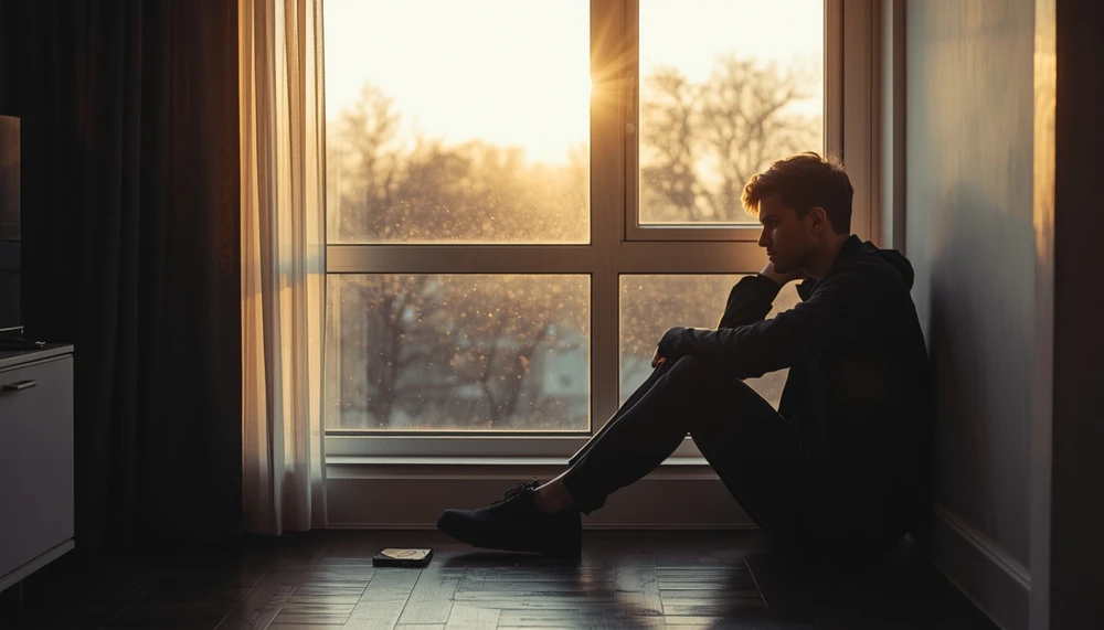 Person sitting quietly alone near a window, practicing self-awareness