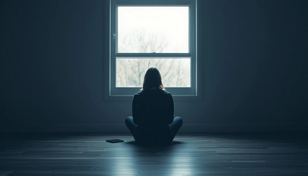 Person sitting alone quietly without distractions, practicing self-awareness.