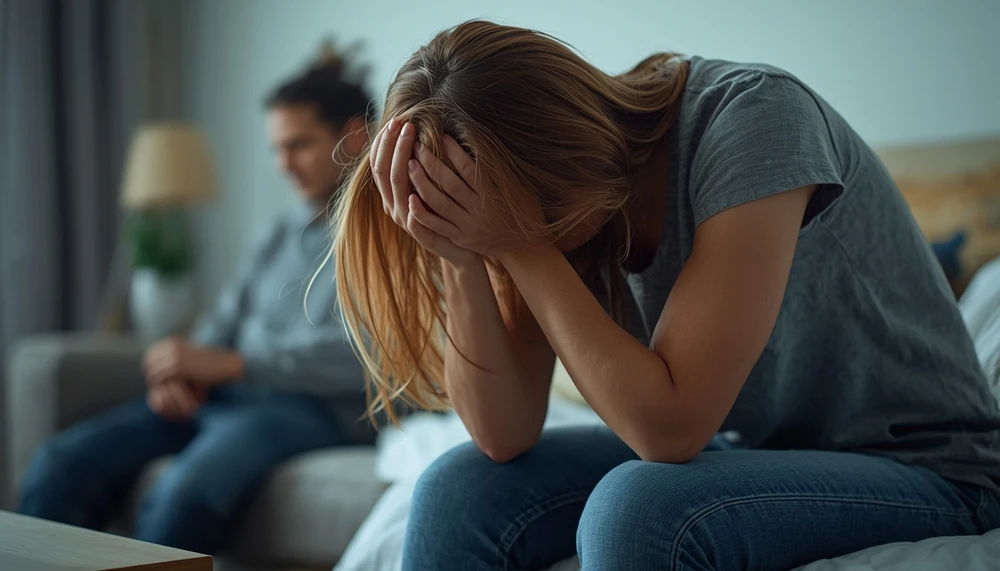 Exhausted person sitting alone while partner is blurred in the background