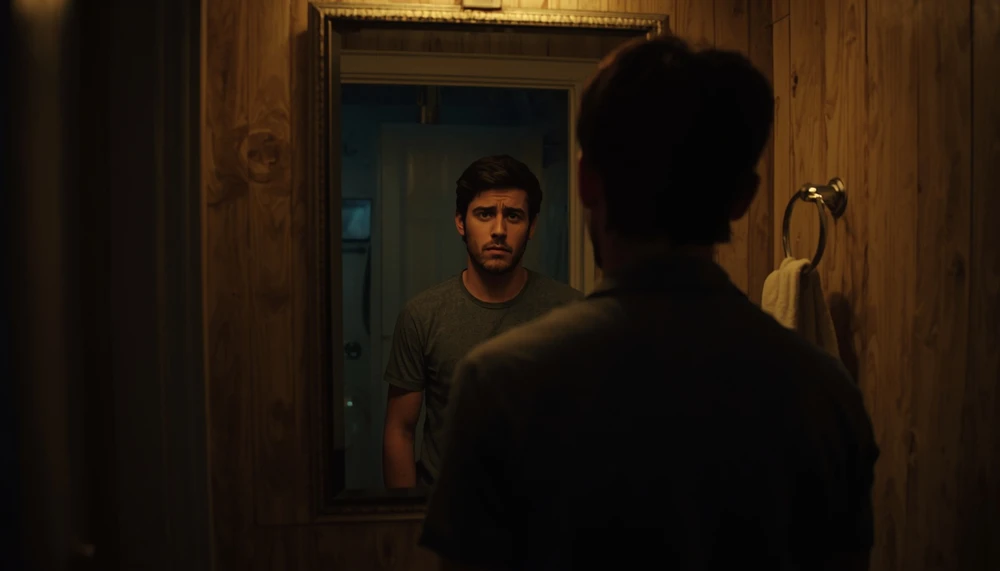 Person looking into a mirror during a moment of self-realization.