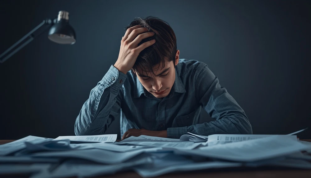 Person overwhelmed at a desk, showing thoughts and emotions feeling disconnected.
