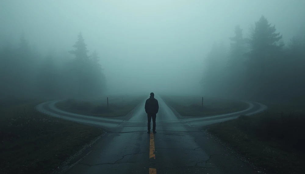Person standing at a foggy crossroad, symbolizing uncertainty and overthinking