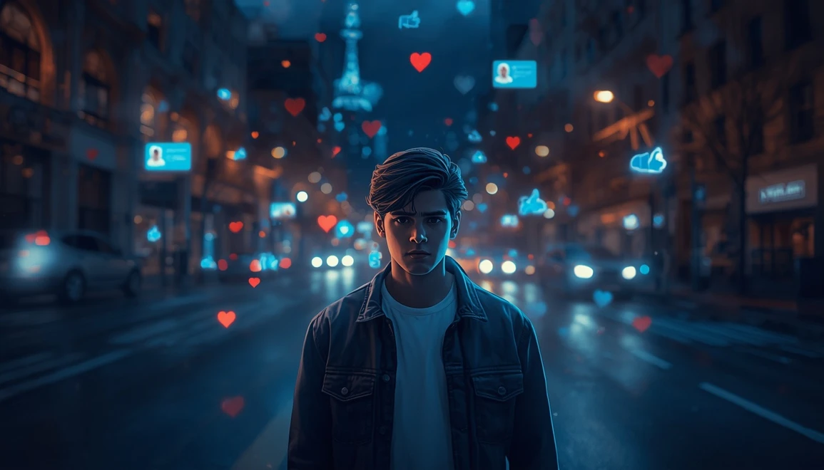 Person standing alone surrounded by social media notifications, likes, and comments while looking thoughtful