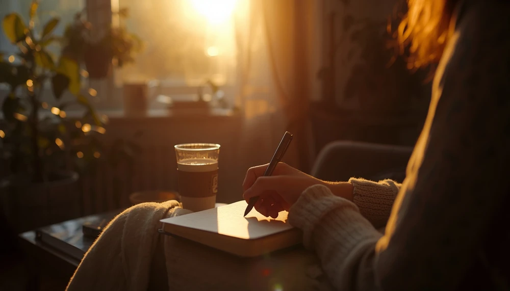 Person writing in a journal with sunlight coming through a window
