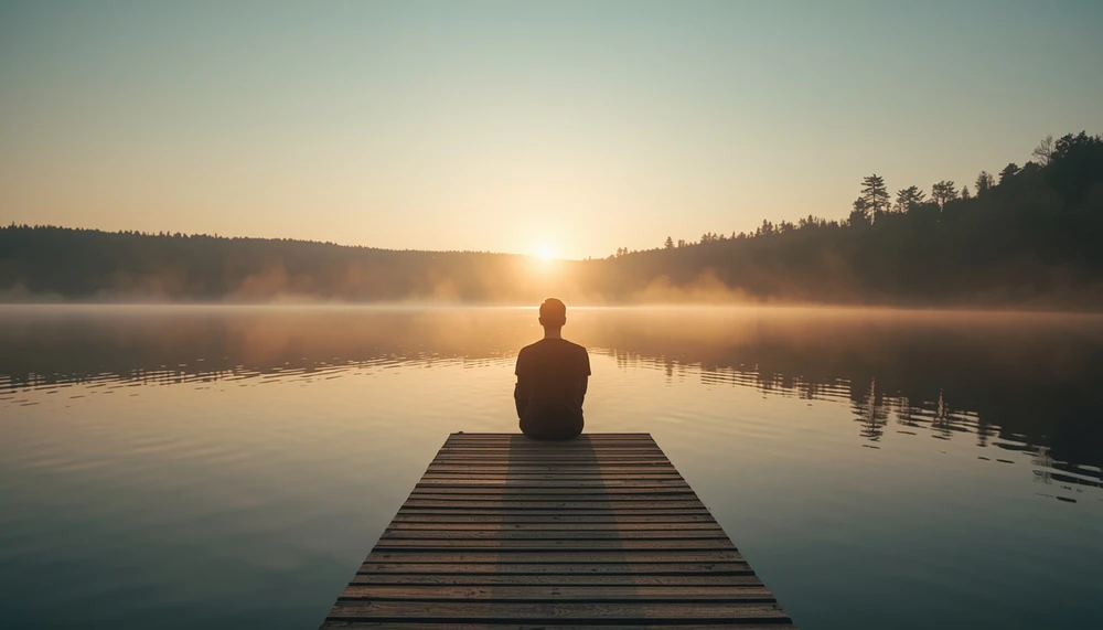 Person sitting peacefully beside a lake while being fully present in the moment