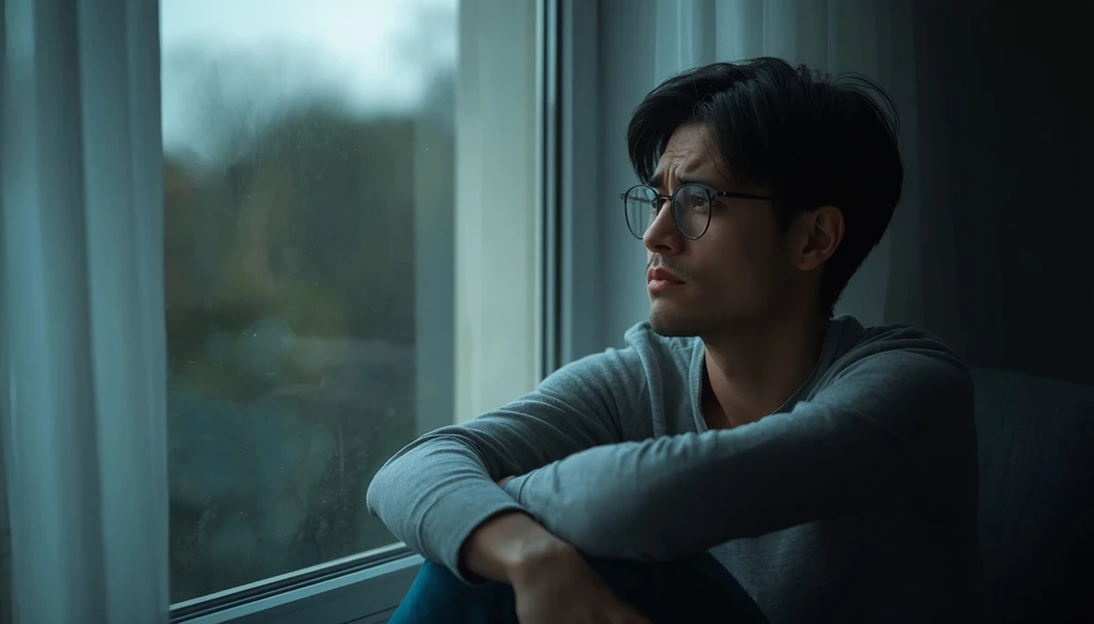 Person reflecting alone near a window while thinking about relationship feelings