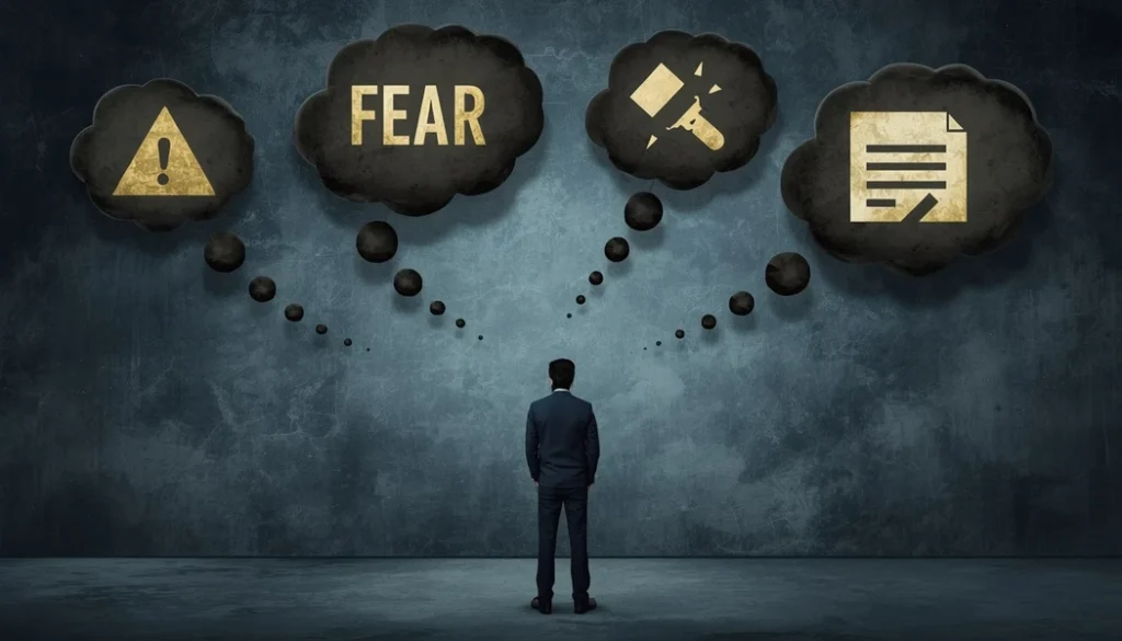 A person surrounded by thought bubbles showing fear, doubt, and self-criticism