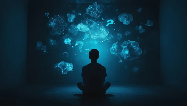 Person sitting alone at night surrounded by thoughts, representing overthinking and mental exhaustion