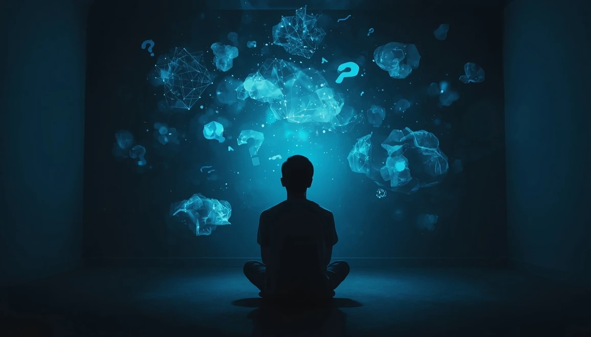 Person sitting alone at night surrounded by thoughts, representing overthinking and mental exhaustion