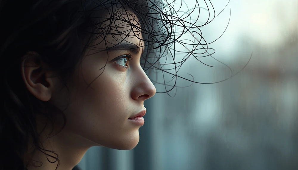 Thoughtful person looking out of a window with tangled thoughts around their head