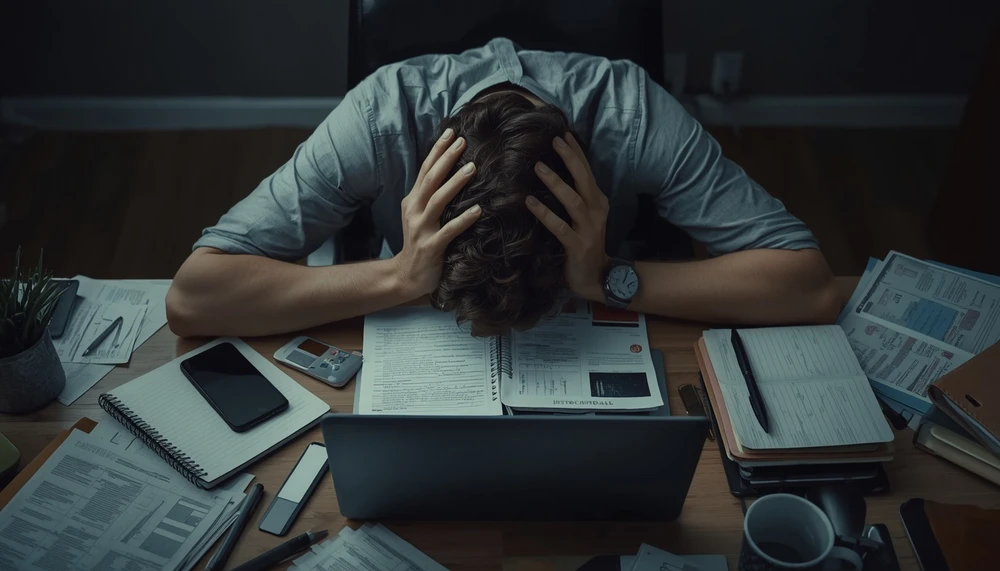 A tired person overwhelmed by stress, responsibilities, and mental pressure.