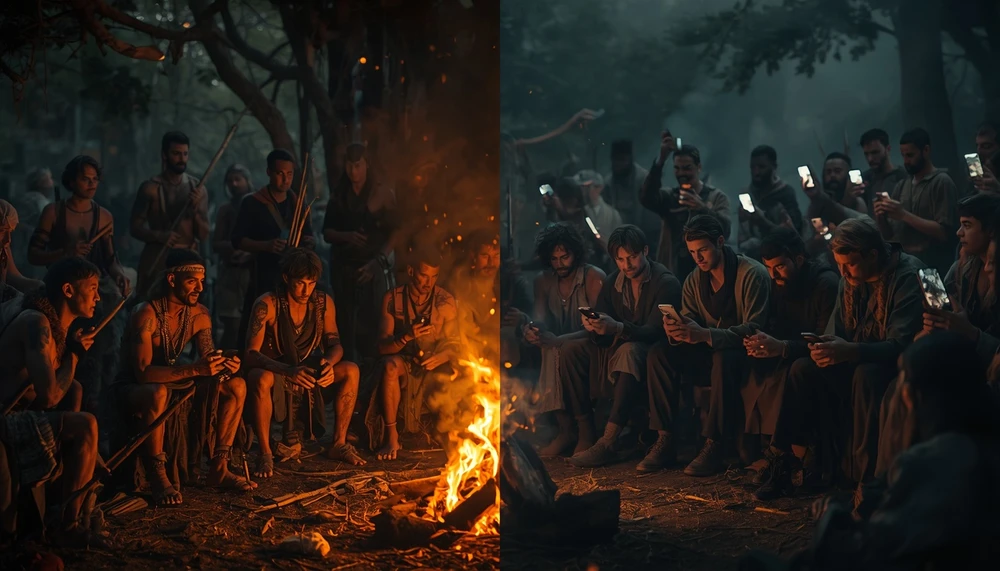 Ancient tribe standing together fading into modern social media users