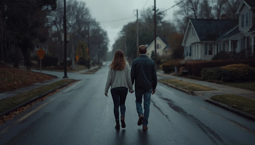 Couple walking in opposite directions on a quiet street