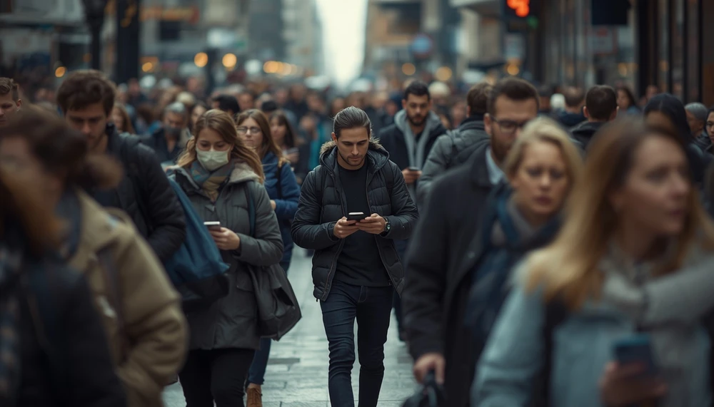 Crowd of people walking while looking at their phones in a busy city
