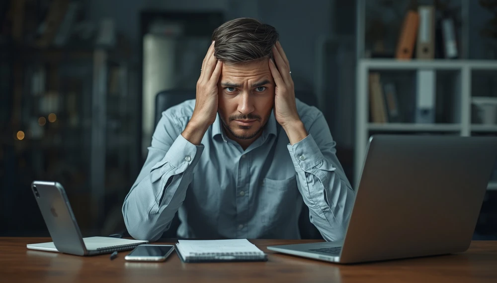 An adult sitting at a desk feeling overwhelmed by choices and uncertainty.
