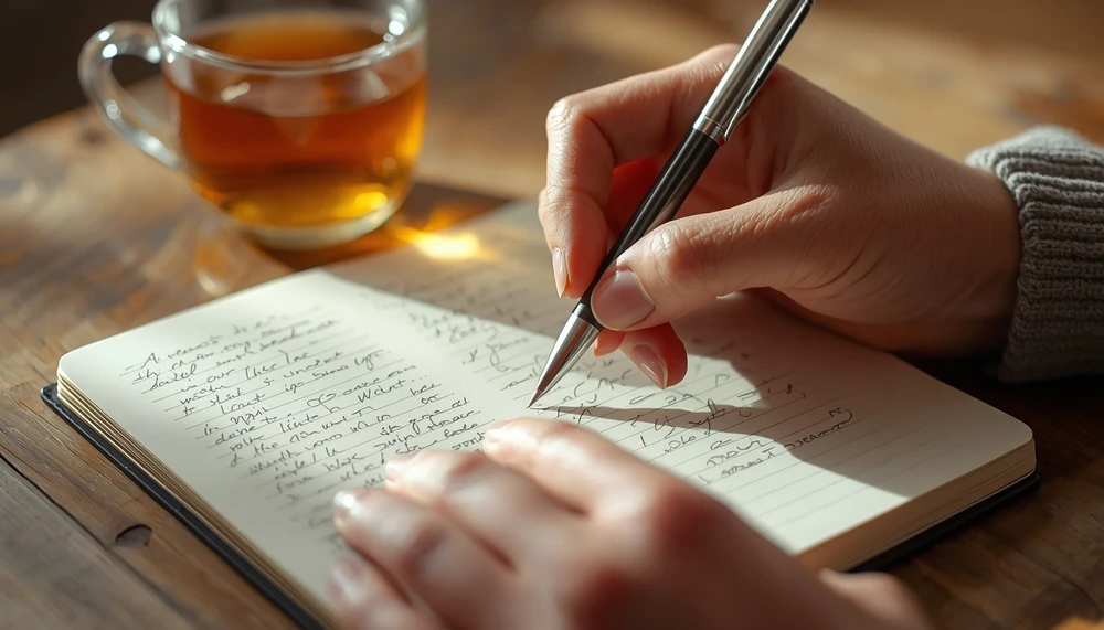 Hands writing thoughts in a journal to manage overthinking