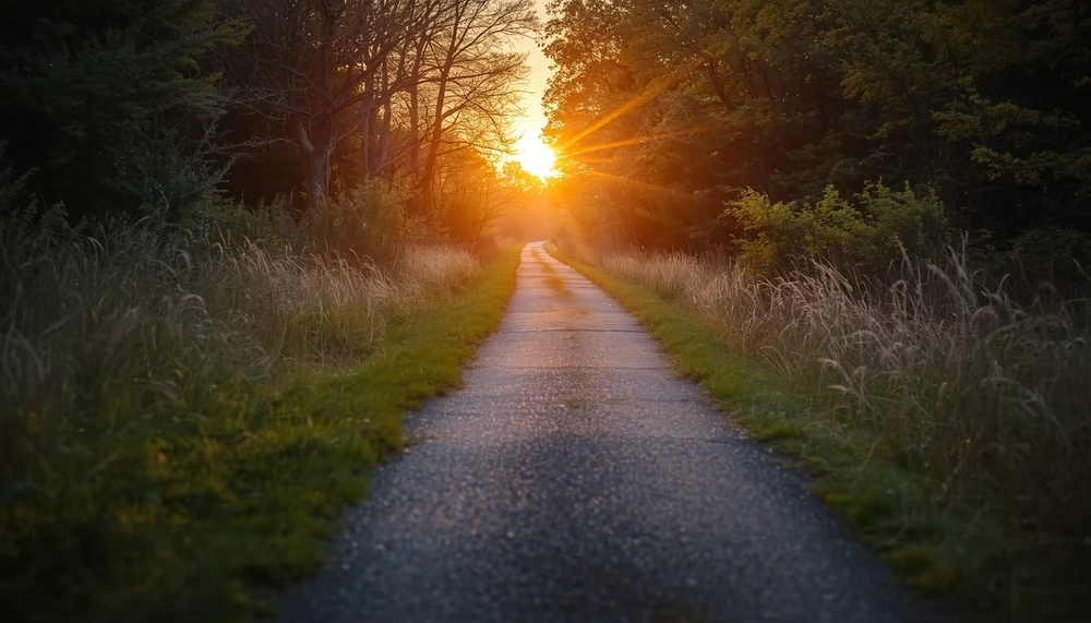 A peaceful path at sunrise symbolizing moving forward in life at your own pace.