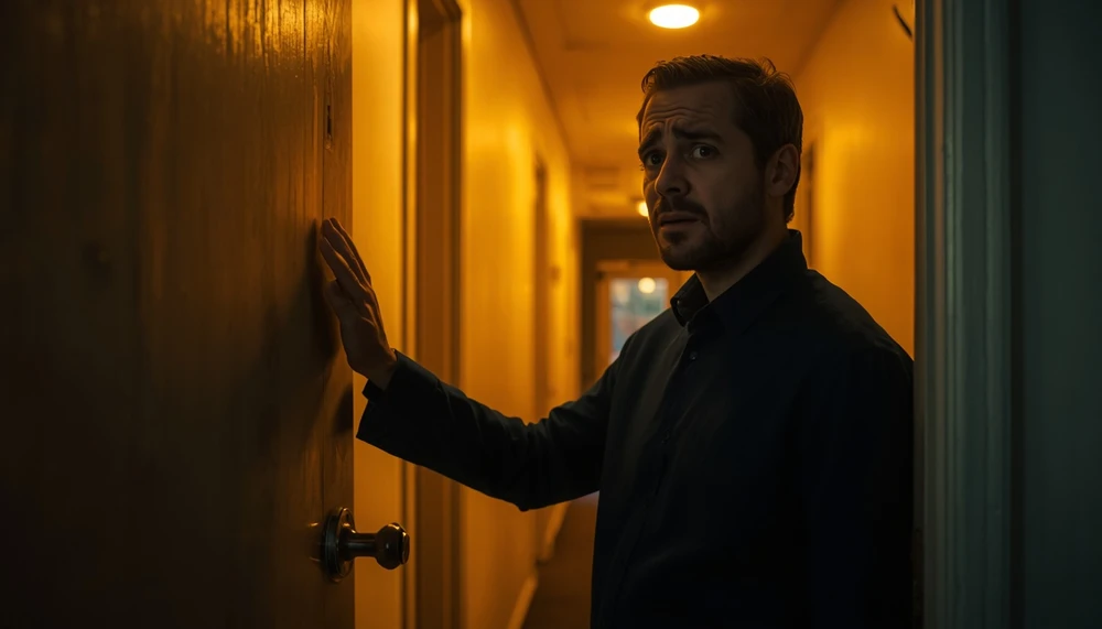 An anxious person hesitating outside a room before attempting something unfamiliar.