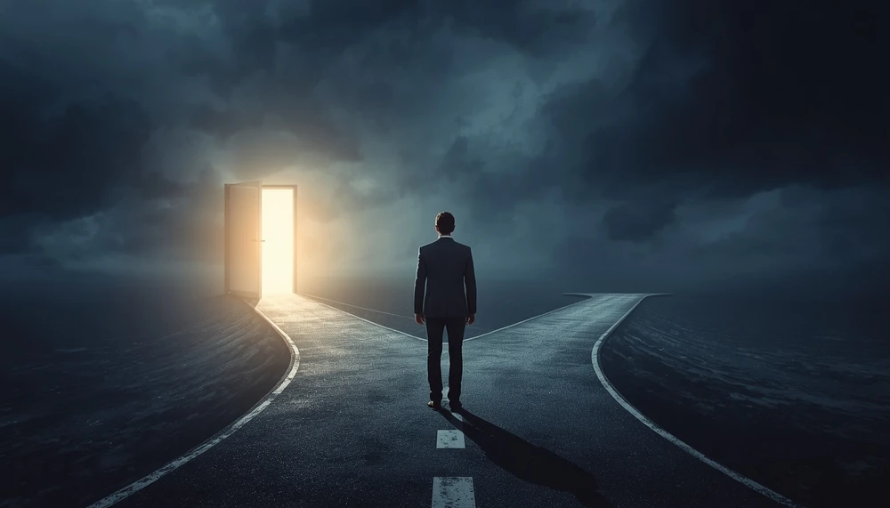 A person hesitating at a crossroads and avoiding a promising new opportunity.
