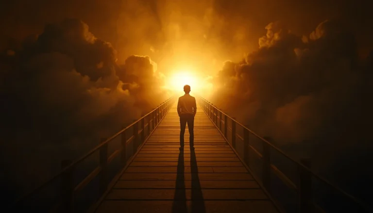 A hesitant person preparing to leave their comfort zone and move toward growth and success.