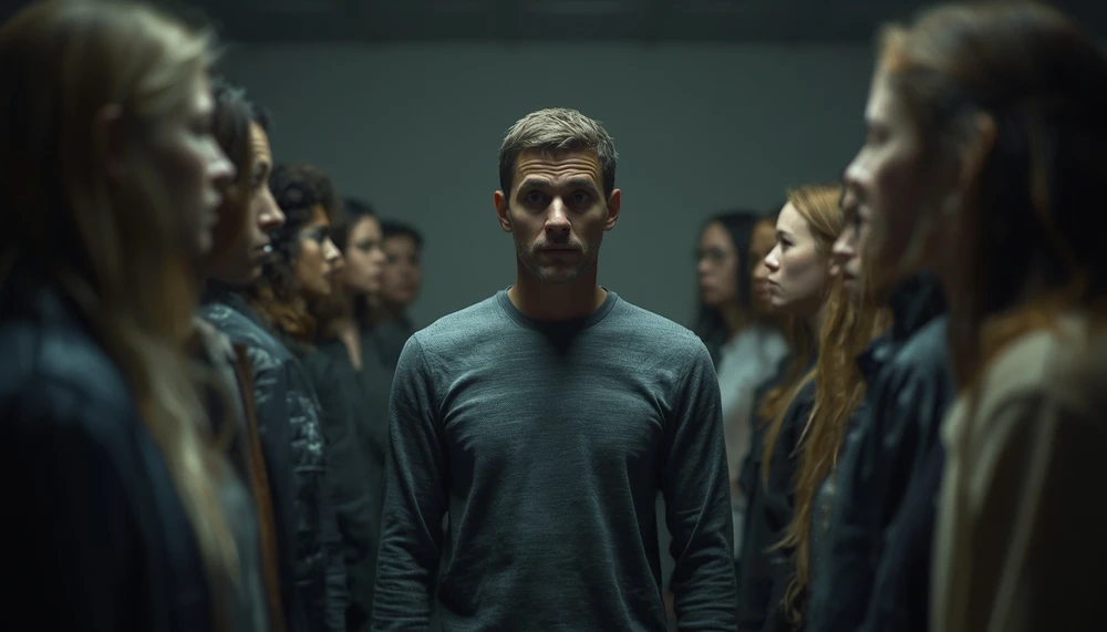 A person feels exposed and judged while blurred figures watch from the background.
