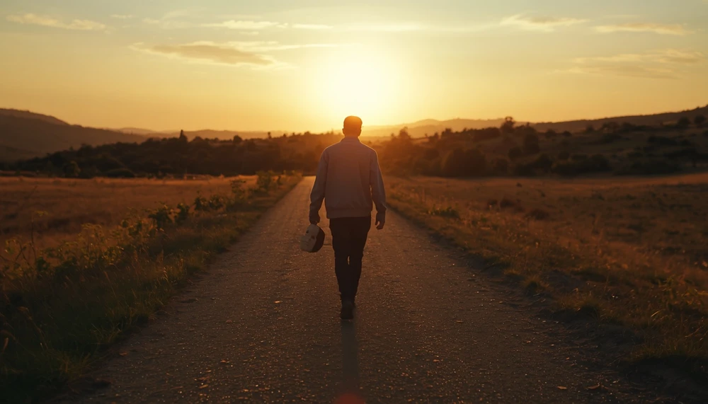 A person walks toward sunrise while carrying, rather than wearing, their emotional mask.