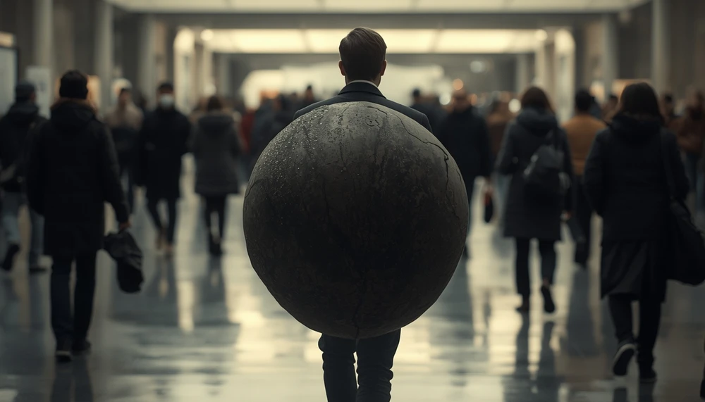 A composed person carries a heavy symbolic burden that remains invisible to everyone around them.