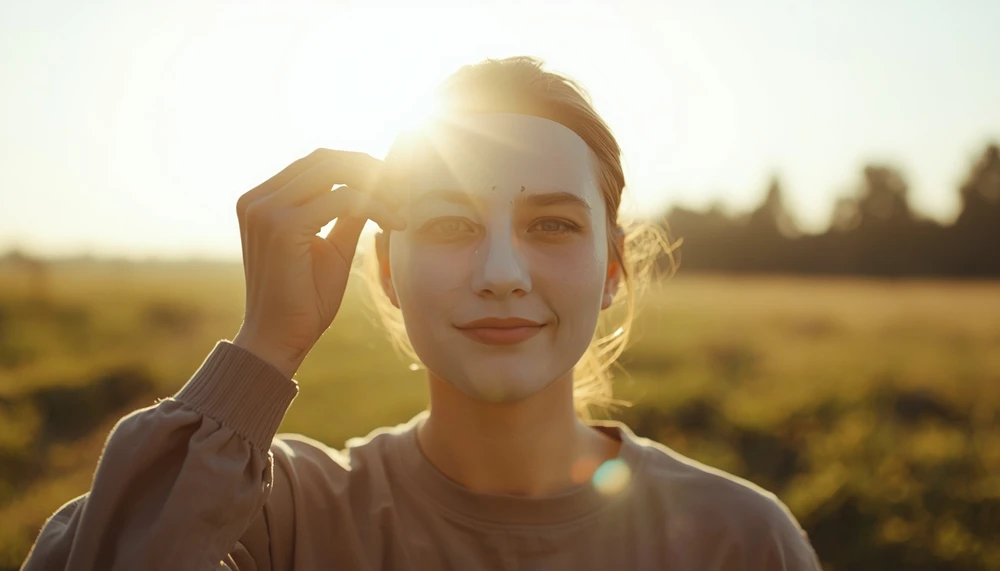 A person removes an emotional mask and steps into warm light with an authentic expression.