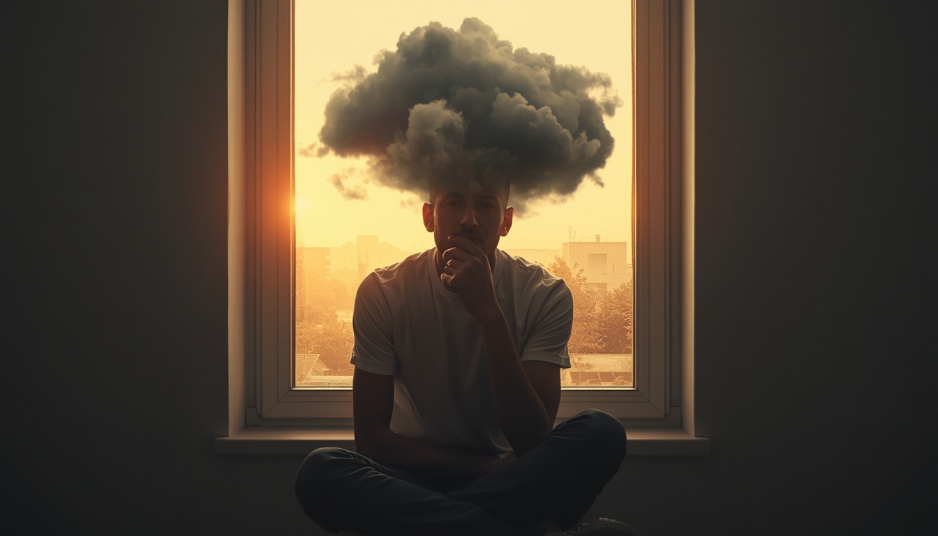 A calm person overcoming negative thinking as dark thoughts fade into sunlight