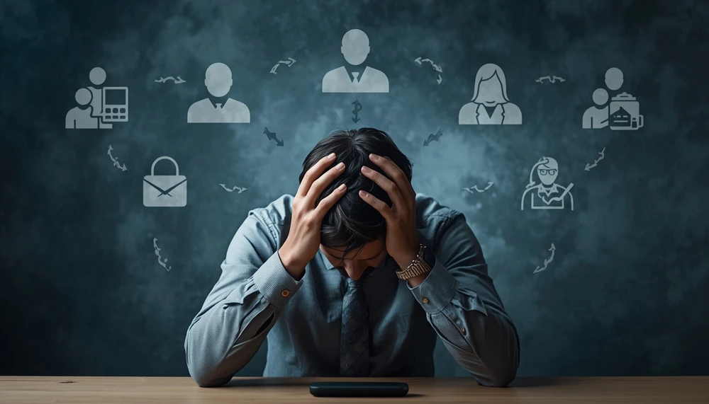  A person overwhelmed by possible outcomes while struggling to make a decision.