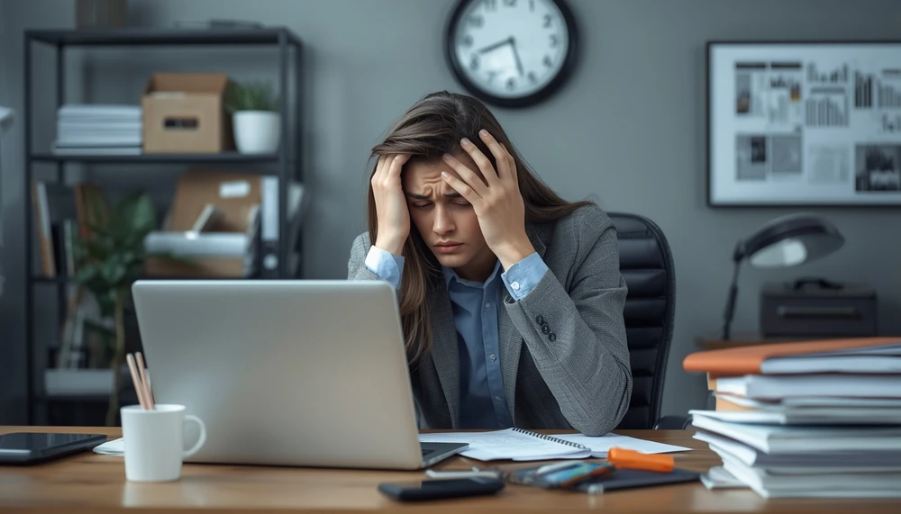 A stressed person avoiding an important task because of anxiety and fear of failing.