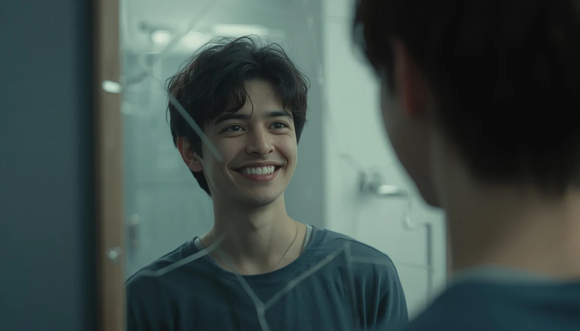 A smiling person faces a mirror while their reflection reveals hidden sadness and emotional exhaustion.