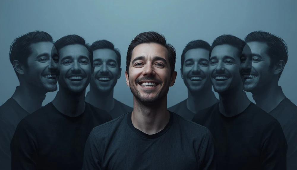 Multiple artificial expressions surround a person who appears emotionally tired and disconnected.