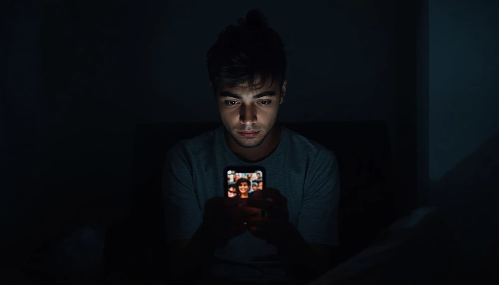 A lonely person compares their private struggles with idealized lives displayed on social media.