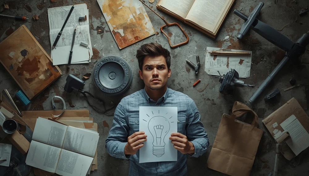 A person surrounded by several unfinished goals and abandoned personal projects.
