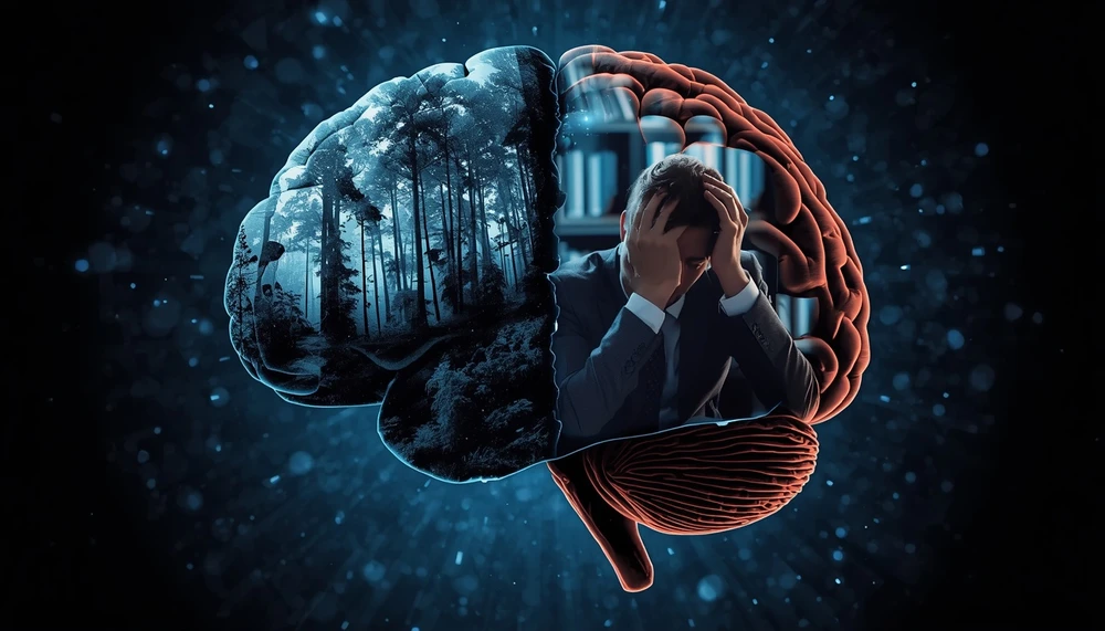 A brain showing the connection between survival instincts and modern negative thinking