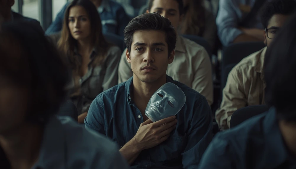 A person hides an emotional mask while appearing calm and comfortable around other people.